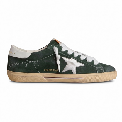 Golden Goose Super-Star in green suede with silver metallic leather star and leather heel tab