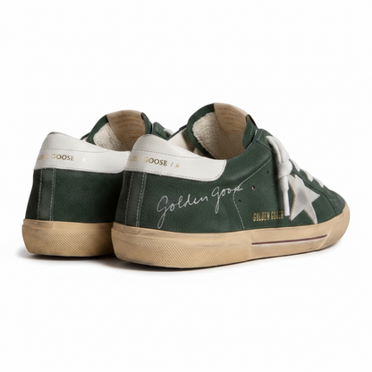 Golden Goose Super-Star in green suede with silver metallic leather star and leather heel tab