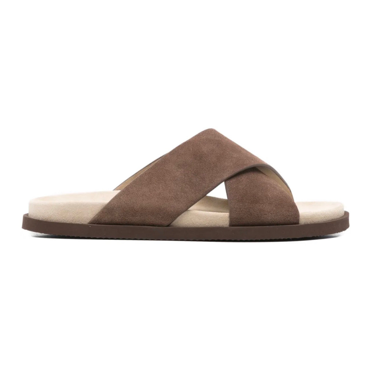 Brunello Cucinelli
Men's Cross-Strap Suede Slides