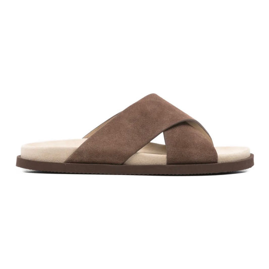 Brunello Cucinelli
Men's Cross-Strap Suede Slides