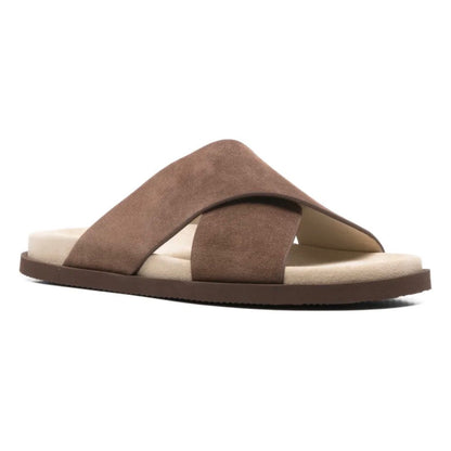 Brunello Cucinelli
Men's Cross-Strap Suede Slides