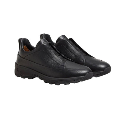 Zegna - Triple Stitch Monte Grained Calf Leather Black Slip On Sneakers
